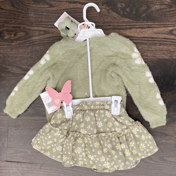 Girls Sage Green Daisy Floral Sweater & Skirt 3-Piece Set Size 2T - Picture 2 of 8
